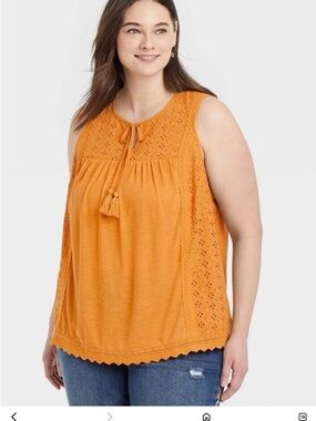 Knox Rose Sleeveless Eyelet Tassel Tank Top marigold Orange ribbed large